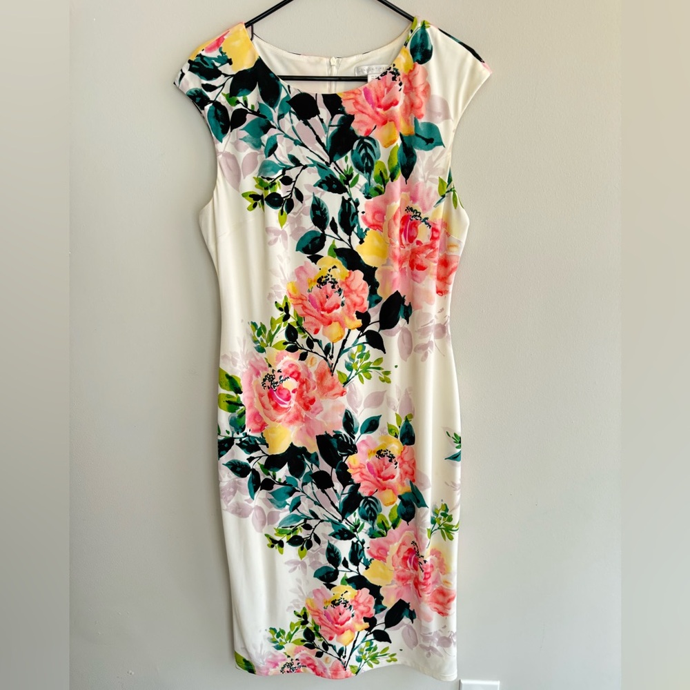 London Times White Floral Midi Dress with Pink & Yellow Blooms